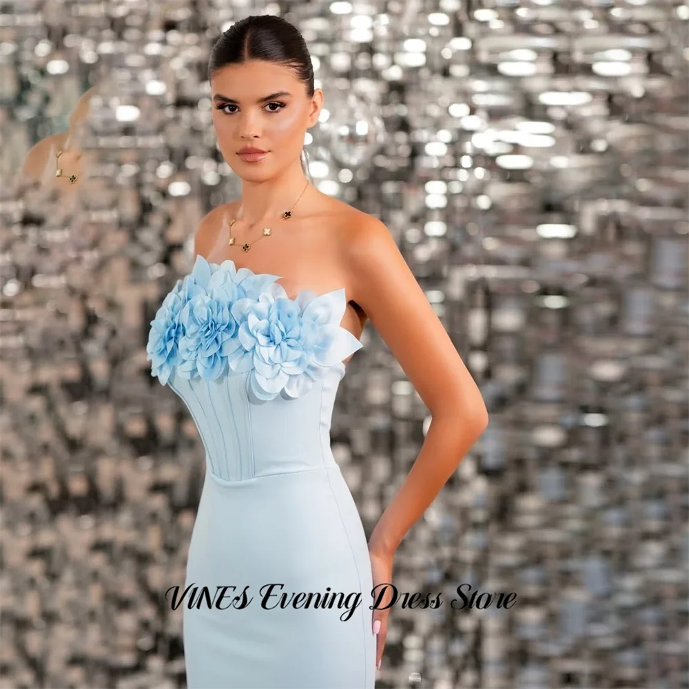 

VINES Light Blue Evening Dress with 3D Floral Applique Prom Dress Strapless Formal Gown Fitted Silhouette robe de bal Customized