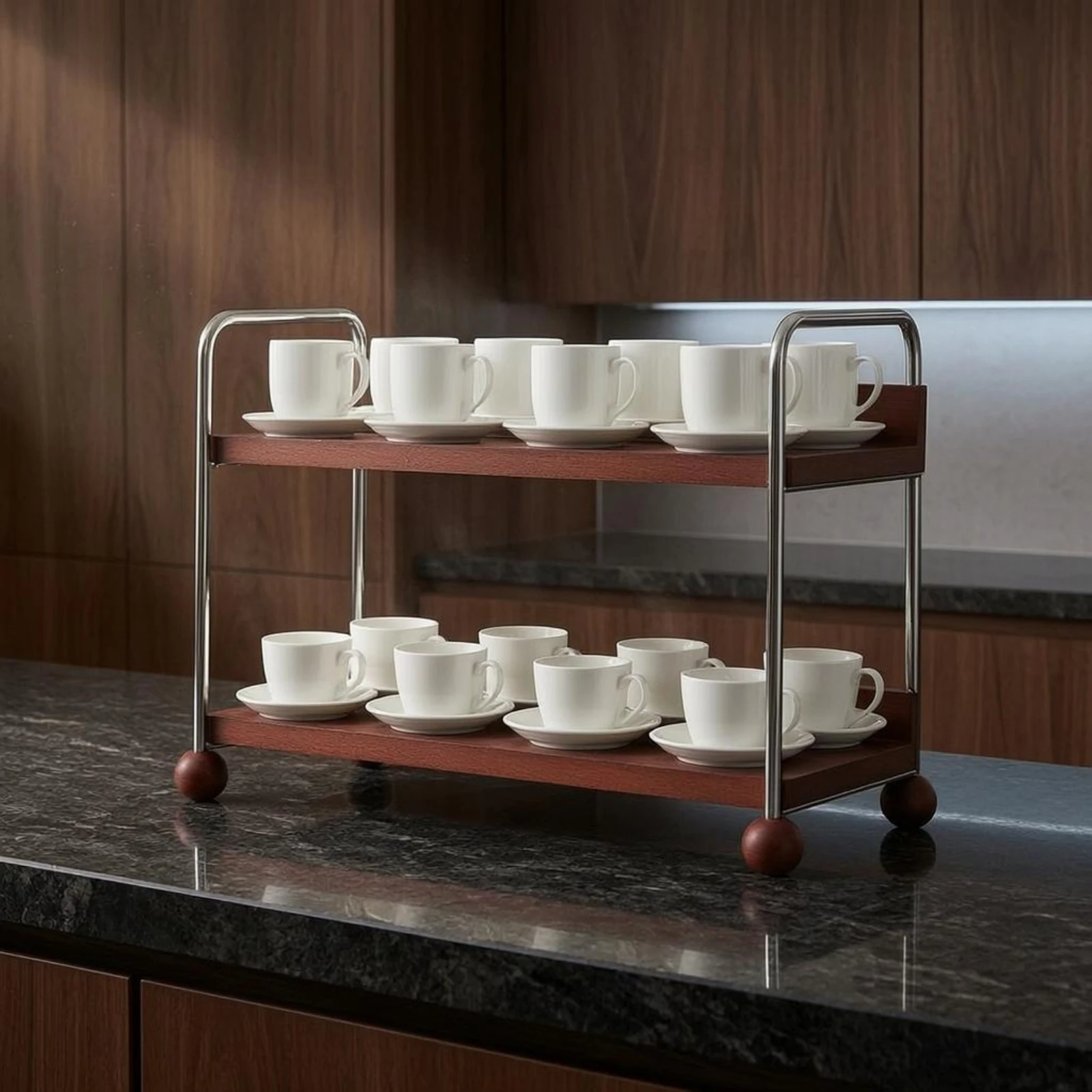 Two-Tier Mug Rack Compact Wood and Steel Cup Organizer Countertop Cup Shelf Space-Saving Coffee Station Organizer Sturdy
