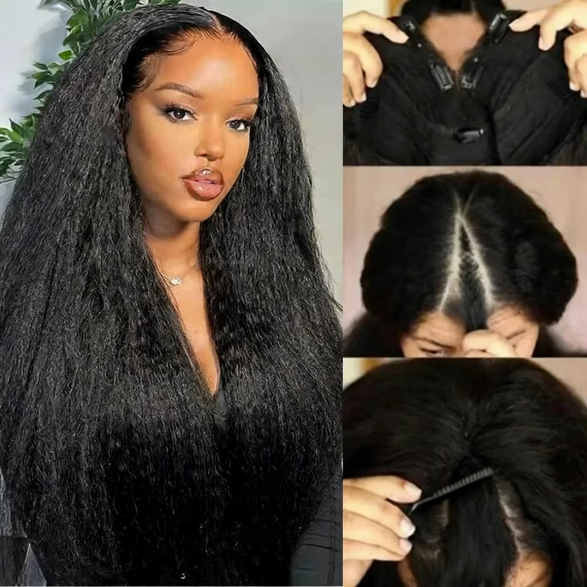 30 32 Inch Long Kinky Straight Drawstring U Part Wigs Human Hair Wigs V Part Yaki Straight Wigs For Women Daily Use Full Machine Made Wigs