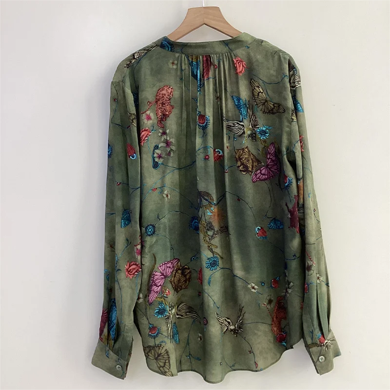 Zadig Fashion Blouses Top Woman Dark Green Casual Shirt Tops Female Butterfly Print Design Blouses Elegant V-Neck Fashion Shirts