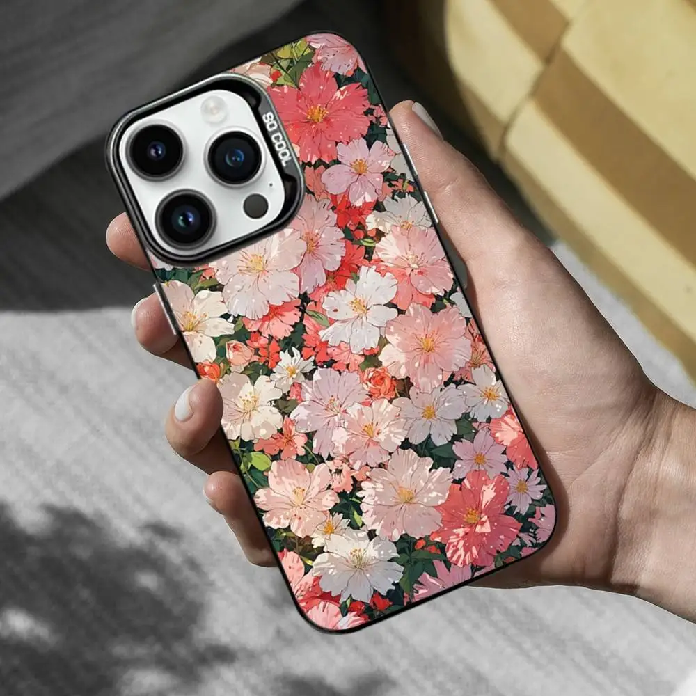 حافظة هاتف فنية مطلية بالزهور لهاتف آيفون 17,16,15,14,13,12,11,Mini,Pro,MAX,XS غطاء أسود غير لامع مقاوم للصدمات #3