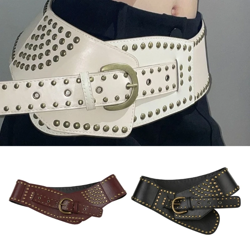 

PU Leather Female Waist Belt with Irregular Buckle Rivets Decors PU Waist Belt Hollowed out Waistband for Coat Dropshipping