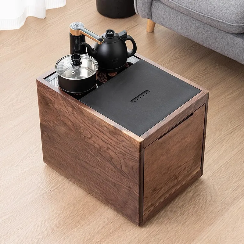 Black walnut tea cabinet, small mobile tea table, kettle integrated household small tea table solid wood balcony