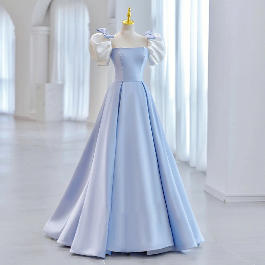 

Blue Evening Dresses Satin Square Collar Pearl Bow Puff Sleeve A-Line Princess Elegant Woman Graduation Prom Gown Quinceanera