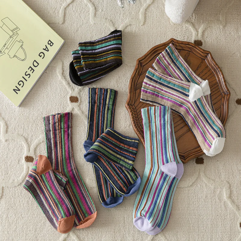

Women's Socks Japanese Harajuku Retro Comfortable High-quality Cotton Socks For Girl Contrasting Striped Casual Preppy Style