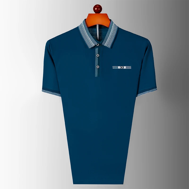 

Летняя мужская футболка с короткими рукавами из чистого хлопка с лацканами, рубашка-поло, свободная повседневная полосатая футболка для среднего и пожилого возраста