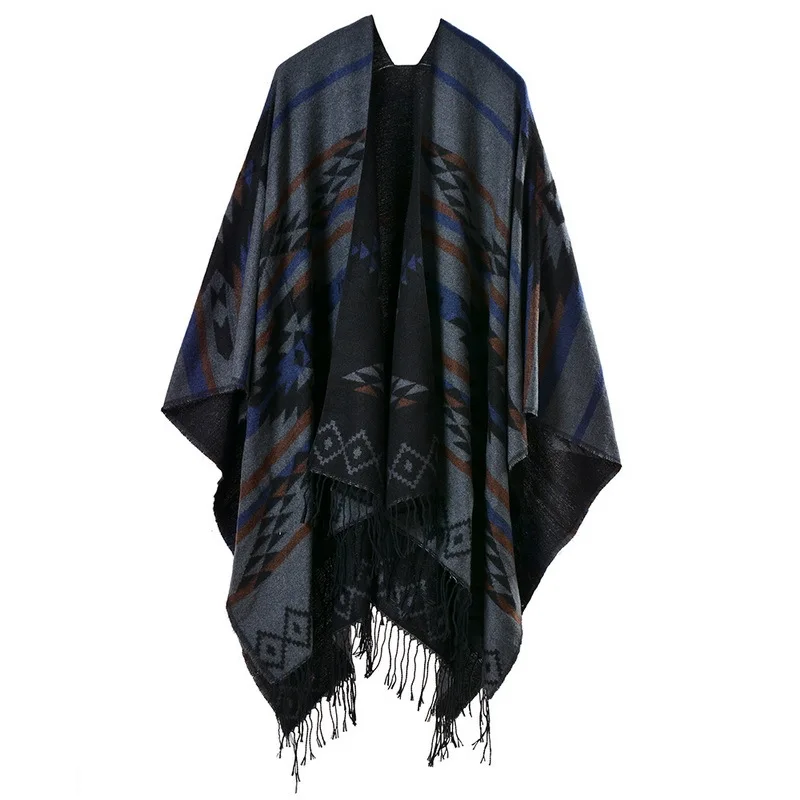 European American Popular Tassel Thickened Cashmere Like National Style Travel Fork Shawl Scarf in autumn Ponchos Capes