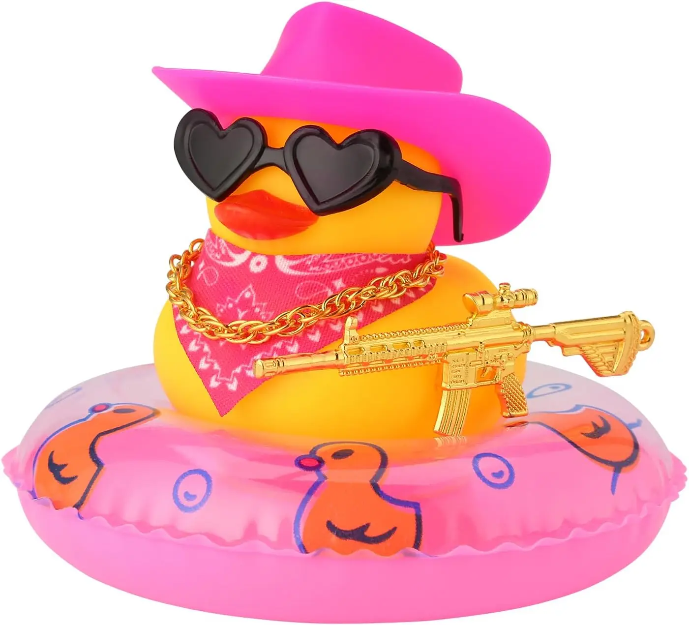 Rubber Duck with Weapon for Car Dashboard Decor, Squeaky Duck Toy Yellow Cowboy Ducks Car Ornament Fun Car Accessories