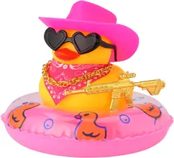 Rubber Duck with Weapon for Car Dashboard Decor, Squeaky Duck Toy Yellow Cowboy Ducks Car Ornament Fun Car Accessories