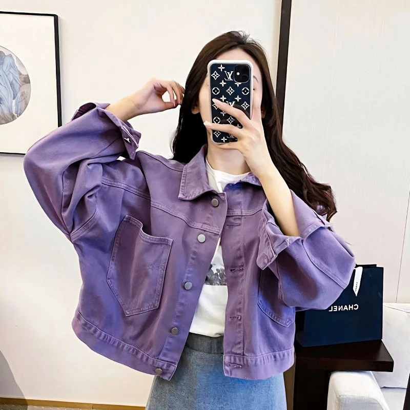 Slim Fit Denim Jacket Purple Women's Spring Autumn New Style Small Size Open Cardigan Design Thin Quality Fashionable