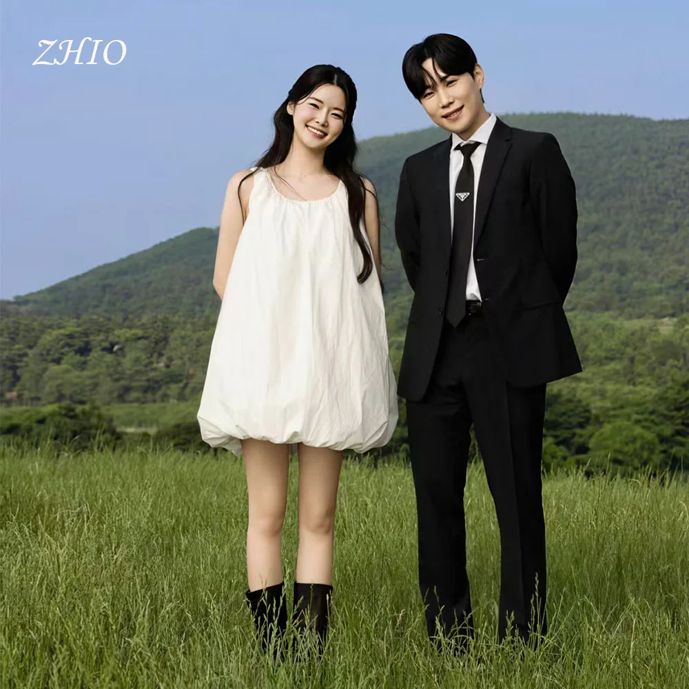 

ZHIO Sweet Mini Wedding Dress O-Neck Sleevless Ivory Satin Evening Party Dresses Korea Photo Shoot Bridal Gown Custom 웨딩드레스