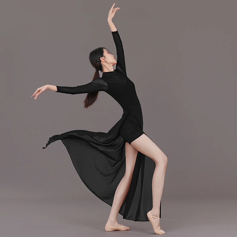 زي أداء الرقص الغنائي الحديث للسيدات بأكمام طويلة مفتوح من الخلف شبكي يوتار + تنورة مقسمة للتزلج على الجليد باليه والجمباز