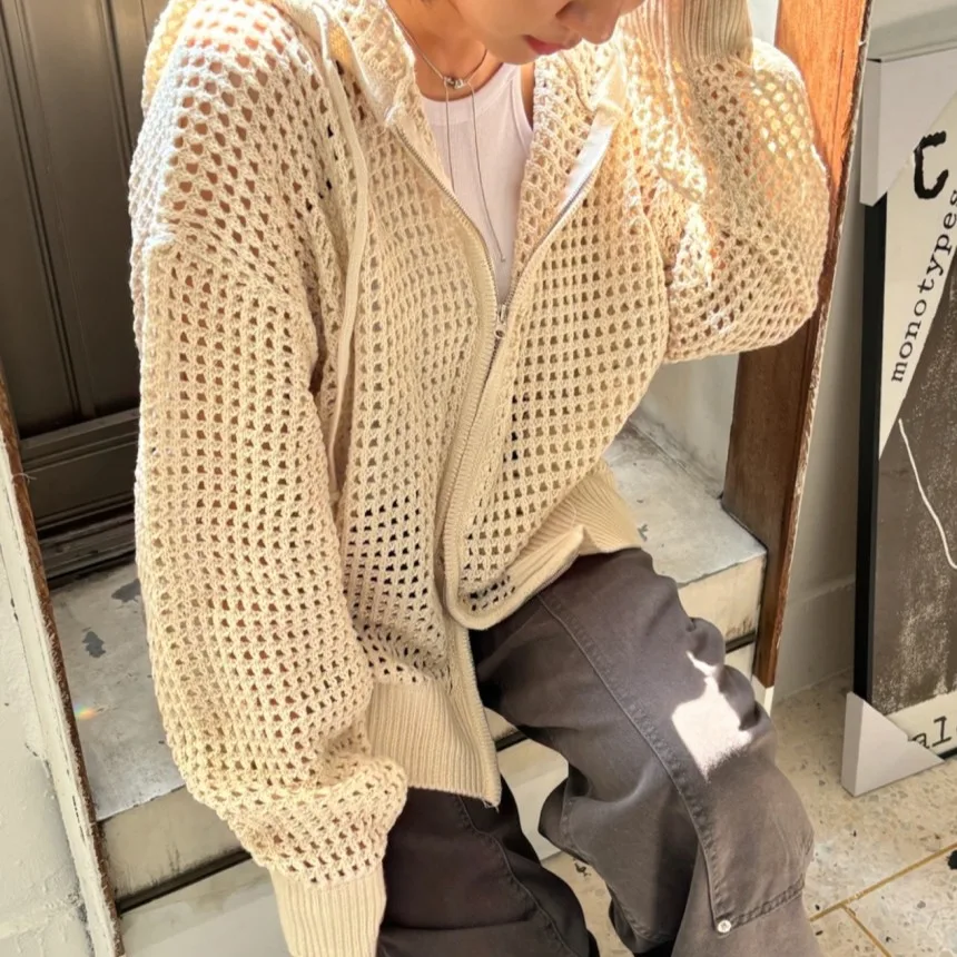 

Женская свободная верхняя одежда с капюшоном в американском стиле ретро, тонкая солнцезащитная верхняя одежда с капюшоном, вязаный свитер Long Sve