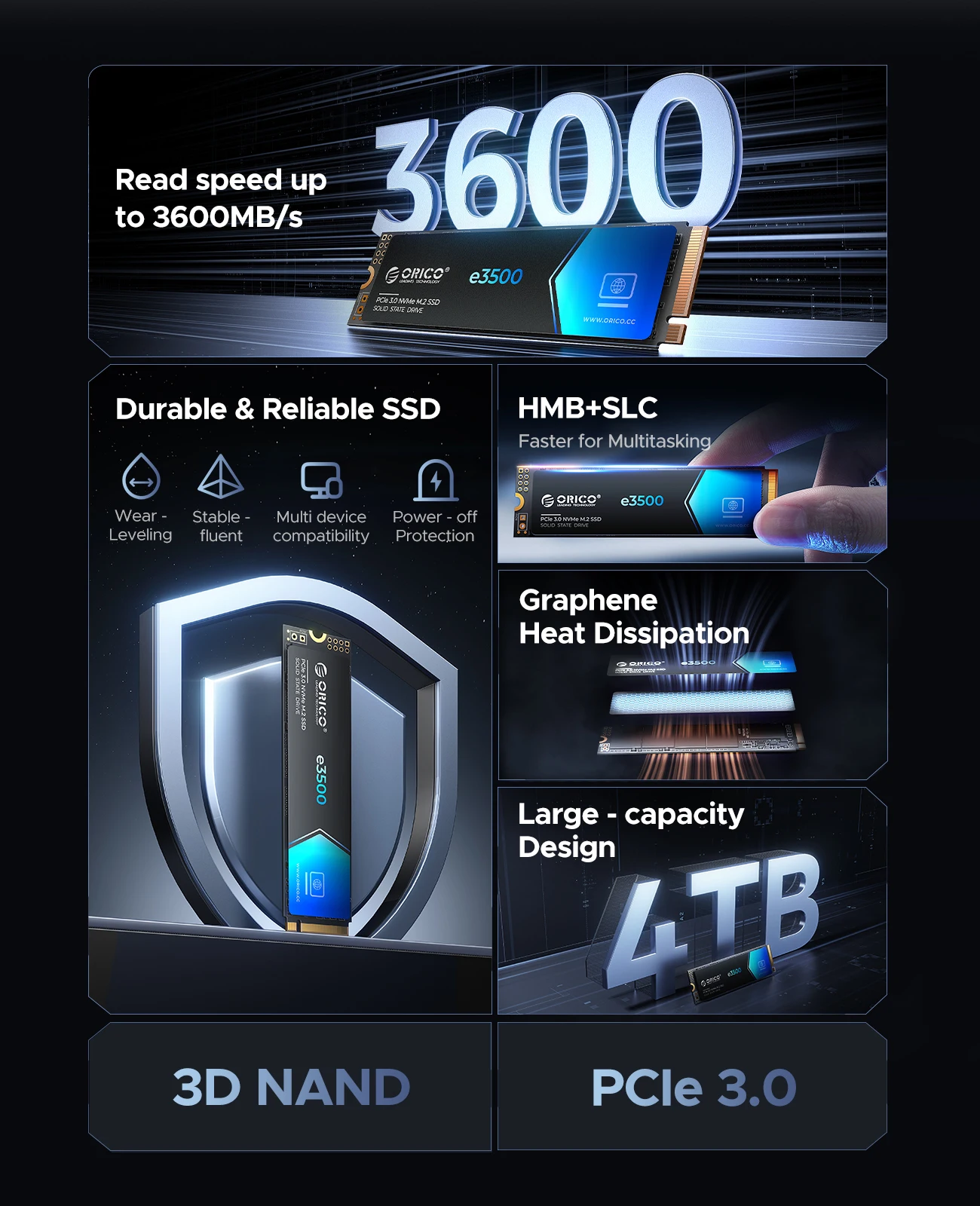 ORICO M.2 NVMe SSD 1TB PCIe3.0 3500MB/s 2280 PCIe Gen3x4 NVMe Internal Solid State Drive for Laptop/Desktop 3D NAND 5 Yeas