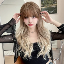 NAMM Long Body Wavy Light Brown Gradient Wig For Women High Density Synthetic Fashion Layered Wigs With Bangs Costume Wigs