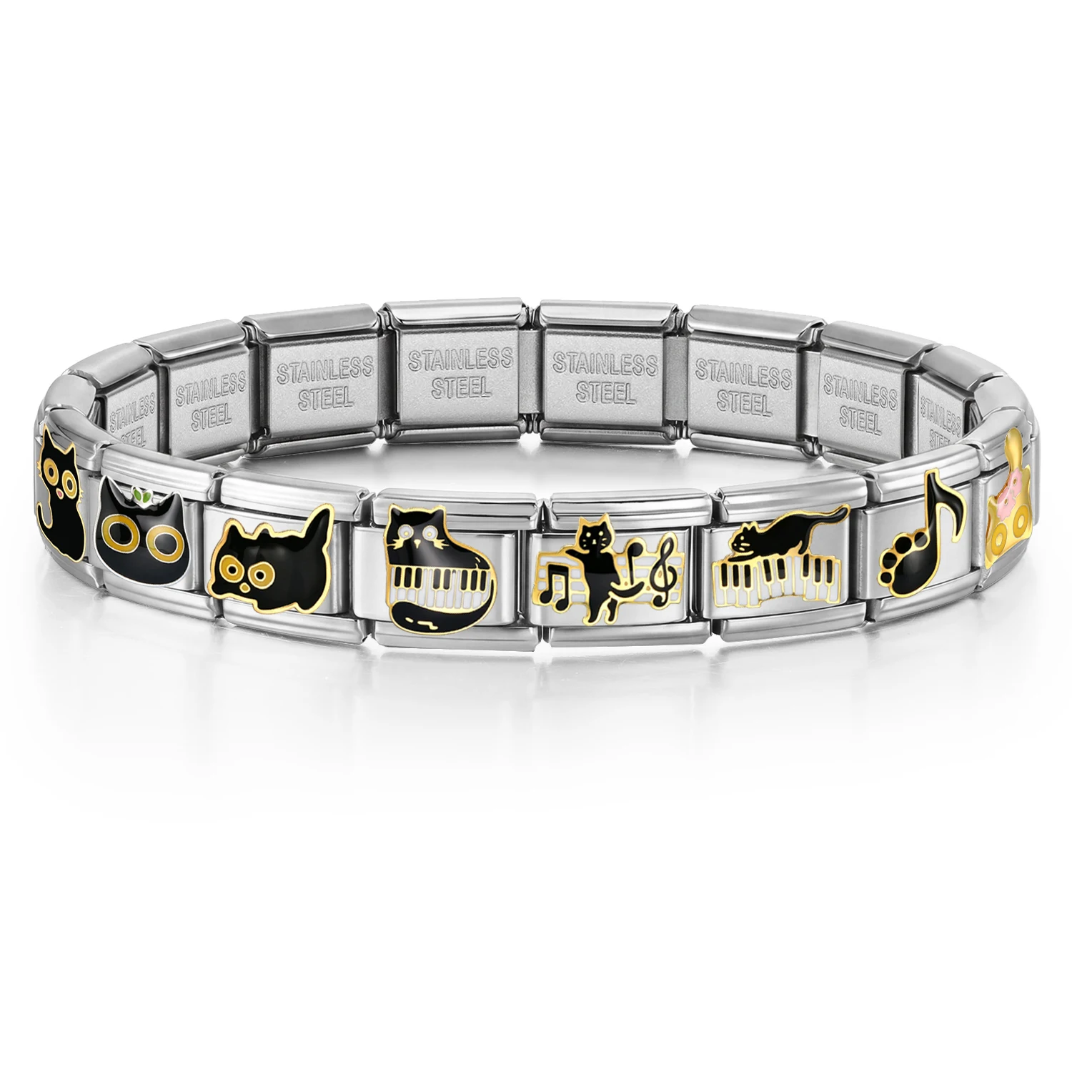 Music Fans Piano Pattern Black Cat Lover Women Men Bracelet Making DIY Beads Charms Link Fit 9mm Stainless Steel Italian Jewelry