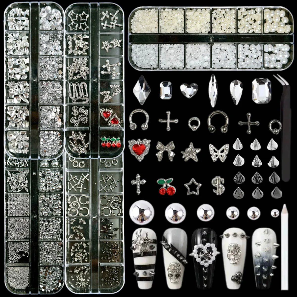 1Set 3D Creative Pin Dollar Star Alloy Nail Art Charms Simulated Cherry Artificial Pearl Cross Butterfly Nail Decorations DIY