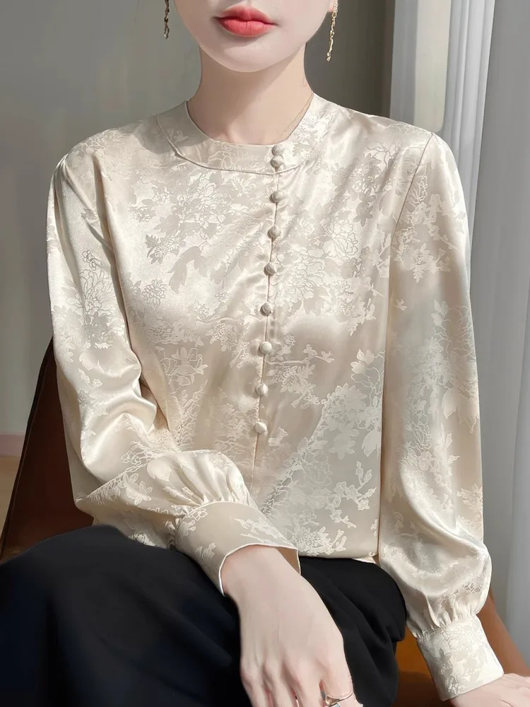 Spring 2025 New Sle Chinese National Faion Satin Print irt Long Sve Versatile Faionable Button up High End Feeling