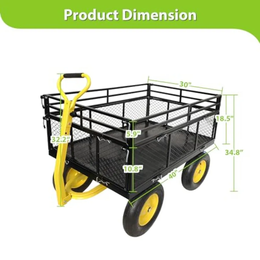 Steel Garden Cart, Heavy Duty 1400 lbs Capacity, with Removable Mesh Sides to Convert into Flatbed, Utility Metal Wagon with 2-