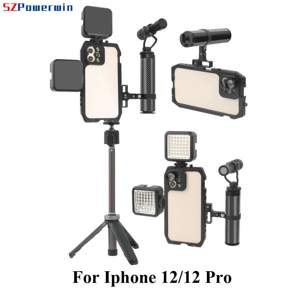 

Powerwin Photo Studio Video CNC Shell for Iphone 12/12Pro Cage Phone Cover Housing with LED Light Carbon Handle Microphone