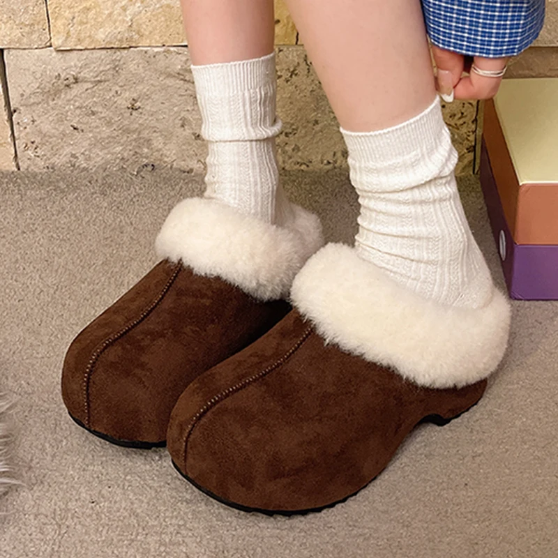 

Женские хлопковые тапочки на высоком каблуке, замшевые теплые модные туфли-лодочки, короткие плюшевые зимние ботинки, новинка 2025 года, повседневные уютные Botas De Mujer