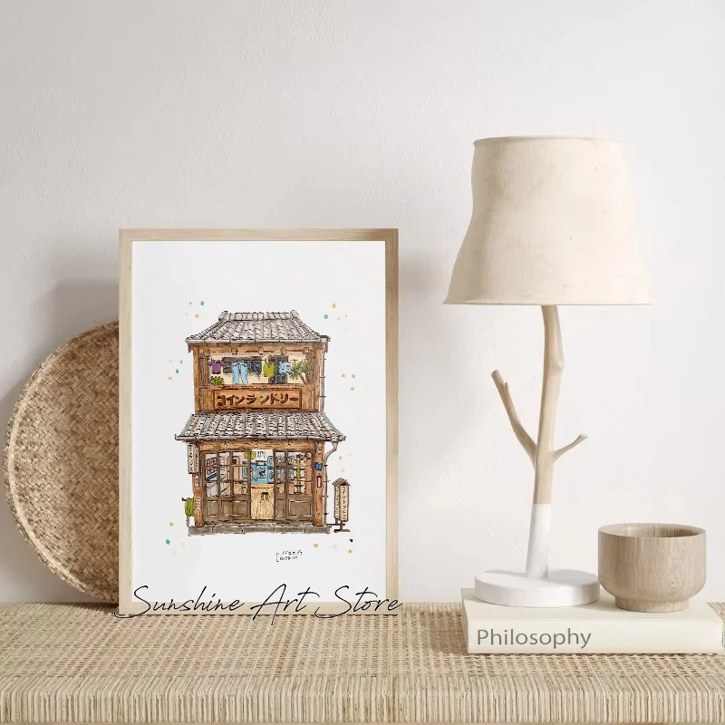 التقليدية اليابانية بناء البناء مطعم Laundromat الشاي مقهى شارع مترو الانفاق المشارك حائط لوح رسم ديكور #4