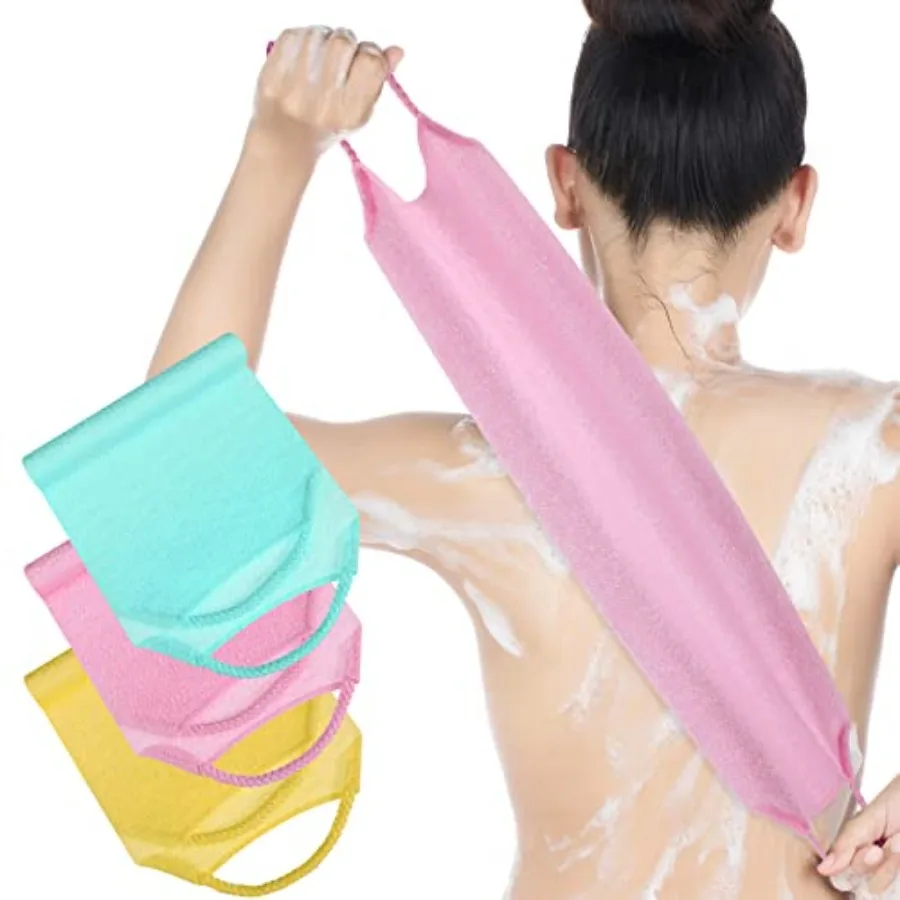 

3 Pack Exfoliating Back Scrubber with Handles Exfoliating Washcloth Nylon Extended Length Body Exfoliator Brush Stretchable Pul