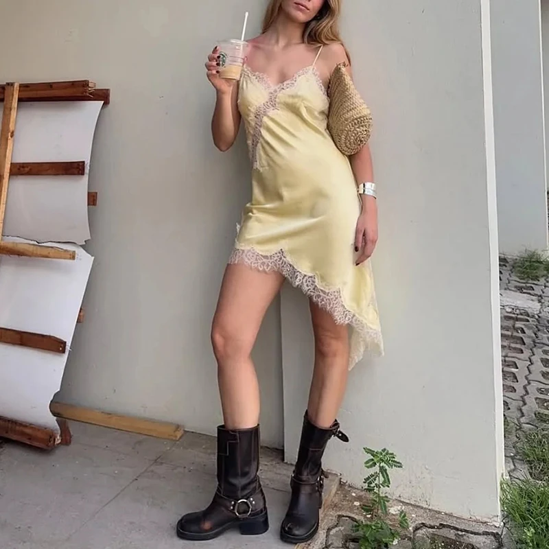 Estate nuovo sexy V-ne Svel raso di seta pizzo asimmetrico Dr Ele l fasciatura in vita Ci pendolarismo chiusura con cerniera