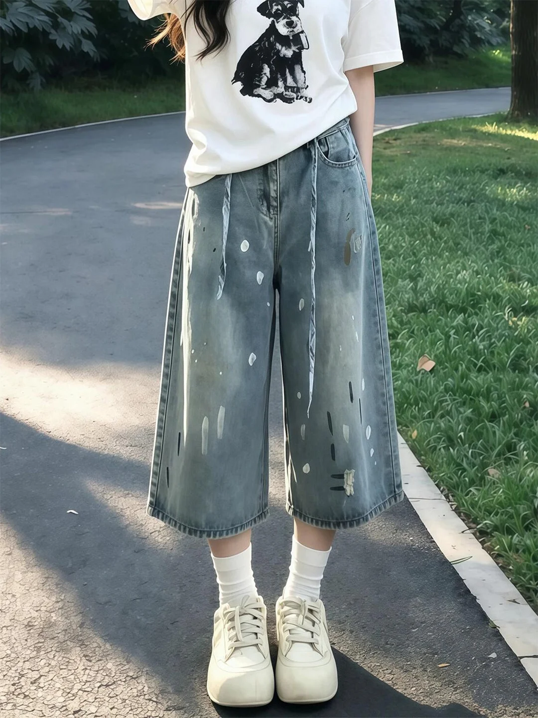 High Waist Wide Leg Thin Version Summer New plus Size Women's Jeans Loose Fit Slimming Effect Color Block Splashed Ink Design