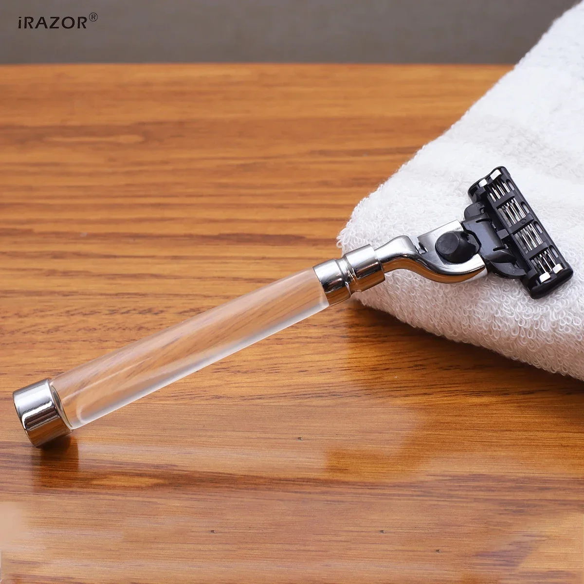 IRAZOR Safety Razor for Men, Manual Cartridge Grooming Shaver, Clear Premium Acrylic Handle, Mach 3 Blade Refill