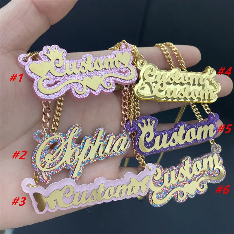 Custom Name Acrylic Kids Necklace Personalized LOGO Sign Cartoon Nameplate Plated Shiny Colorful Necklace Birthday Family Gifts