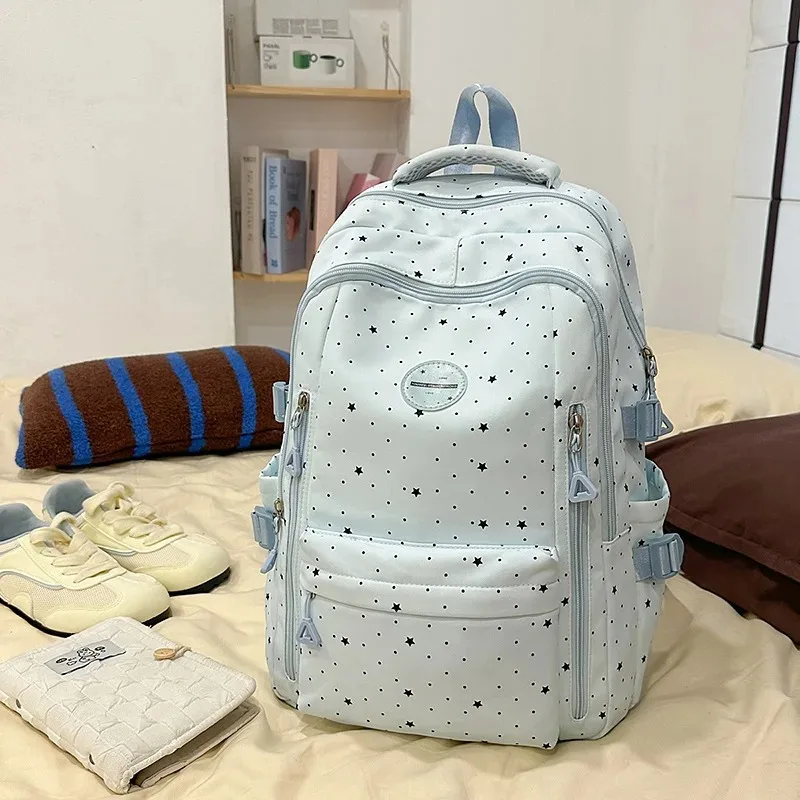 Middle School Student Schoolbags Teenage Girls Cute Backpack Star Print Kawaii Daypack Large Capacity Waterproof Travel Rucksack