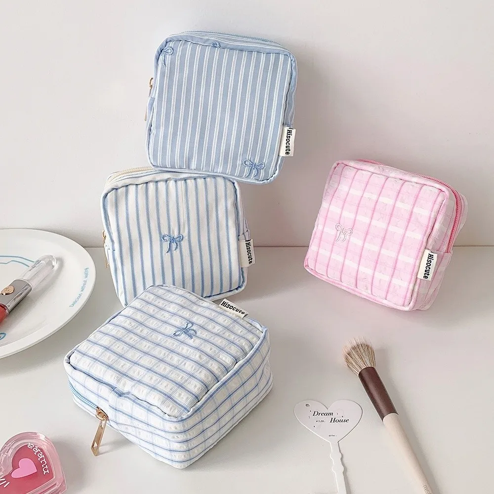 Striped Mini Cosmetic Bag Embroidery Bow Knot Zipper Toiletry Organizer Large Capacity Multipurpose