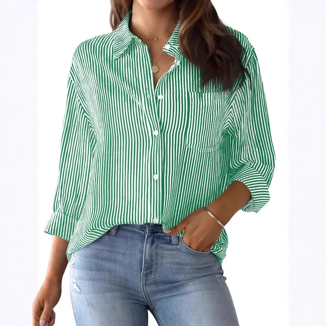 

Women's Striped Button up irt Long Sve with Collar Commute Sle Polyester Fiber 00% Spring Season Non-deformable