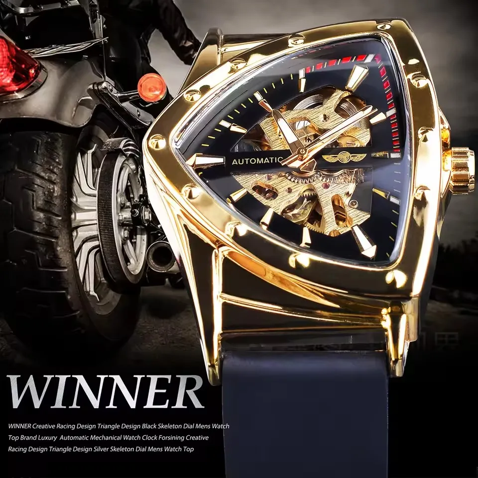 

WINNER 395R Luxury Automatic Mechanical Watch Male Skeleton Triangle Silicone Strap Waterproof Luminous Business Watches for Men