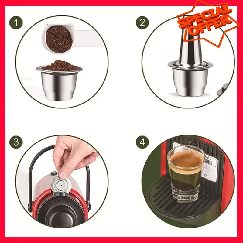 

-ESTR Capsules Reusable, Stainless Steel, 9 Pieces Refillable Pads For Nespresso + 3 Tamper + 3 Spoon + 3 Brush
