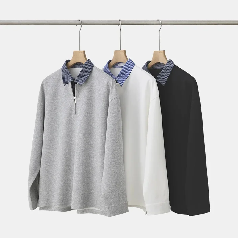 

Splicing Half Zipper Sweatshirts Men Autumn Artistic Shirt Fake Two-piece Polo Shirt Simple Versatile Pullover Tops Cleanfit