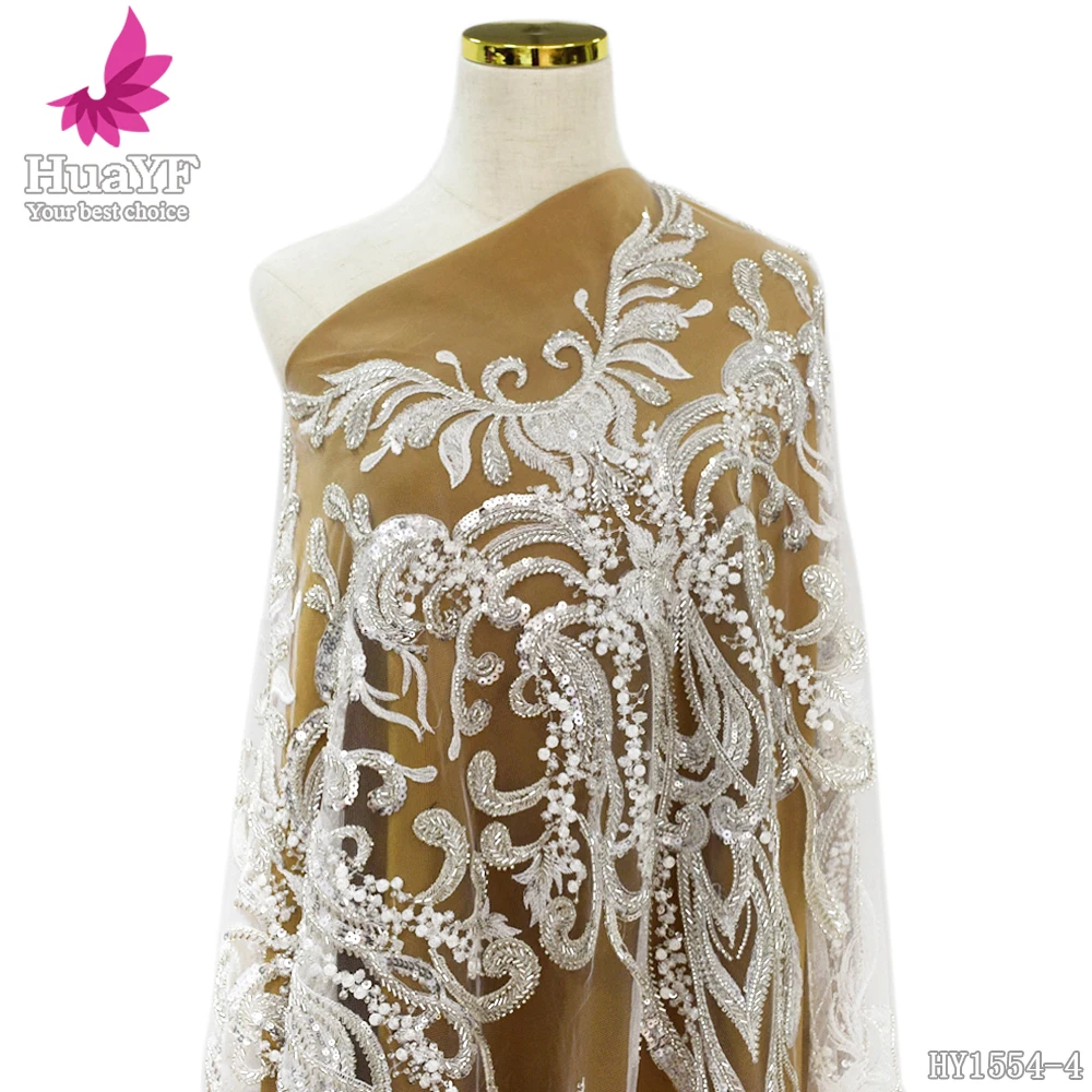 

1 Yard silver white wedding dress lace with sequins and beads for women bridal fabric HY1554