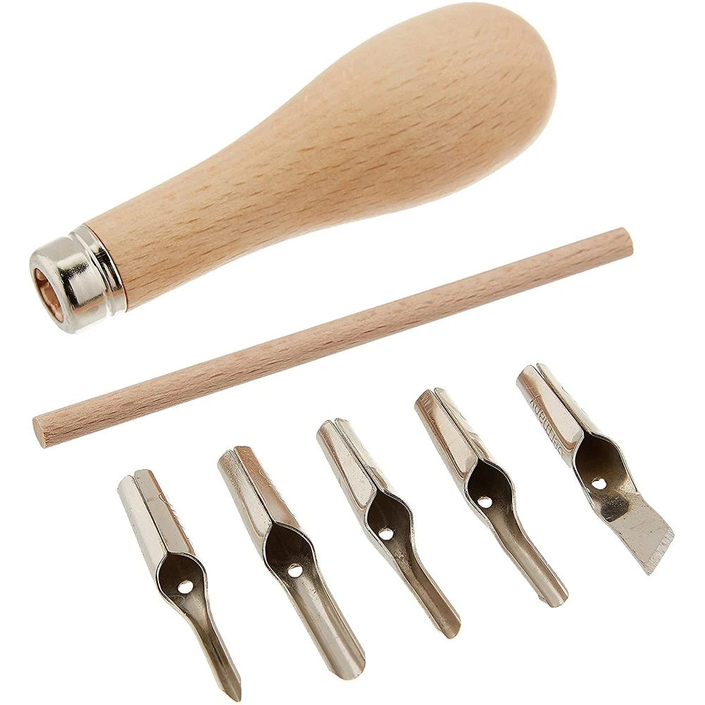 Lino Block Cutting Rubber Stamp Carving Tools with 5 Blade Wood Handle Printmaking Carving Tools Set