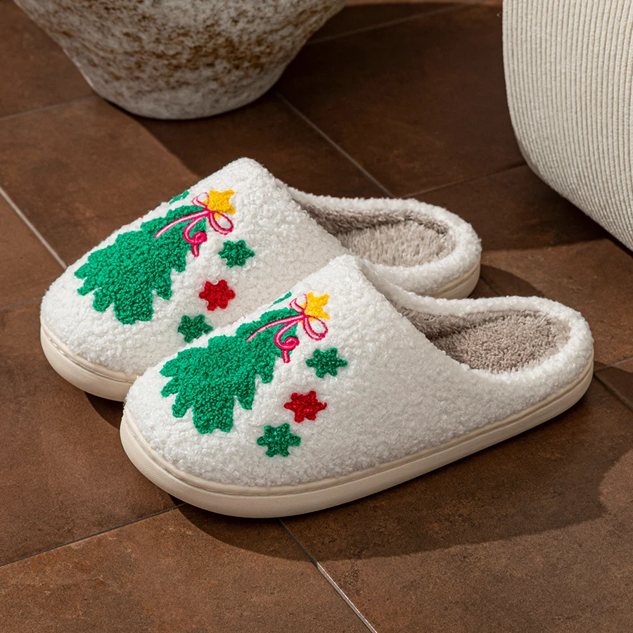 

Cute Christmas tree Embroidery Children Slippers Winter Indoor Warm Soft Sole Festival Gift Comfy Breathable Parent-child Shoes