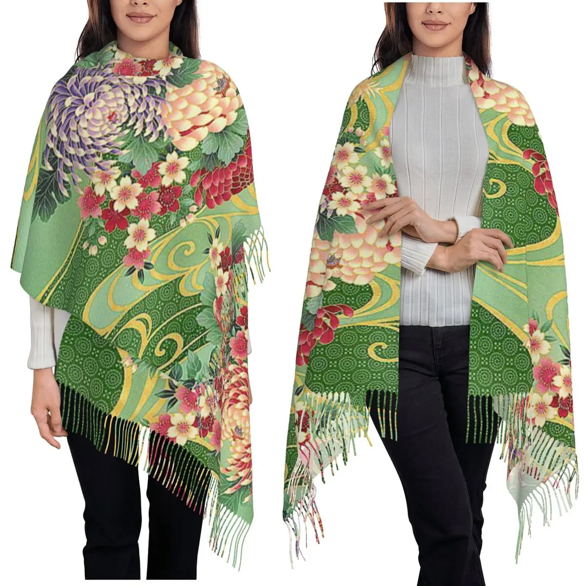 

Japanese Kimono Pattern Scarf Tassel Scarves Women Soft Warm Shawls and Wraps Long Fall Winter Shawl Wrap