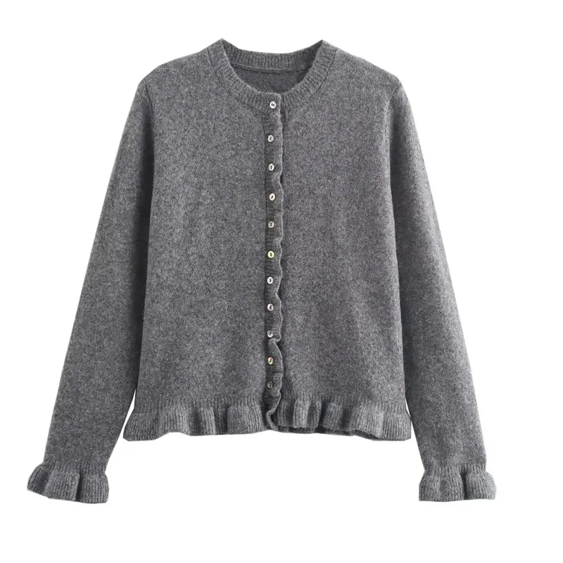 TRAF Ruffle Cardigan Outerwears Gray Knitted Cardigan Women Autumn Long Sleeve Bolero Bluey Sweater Elegant Button-Down Cardigan