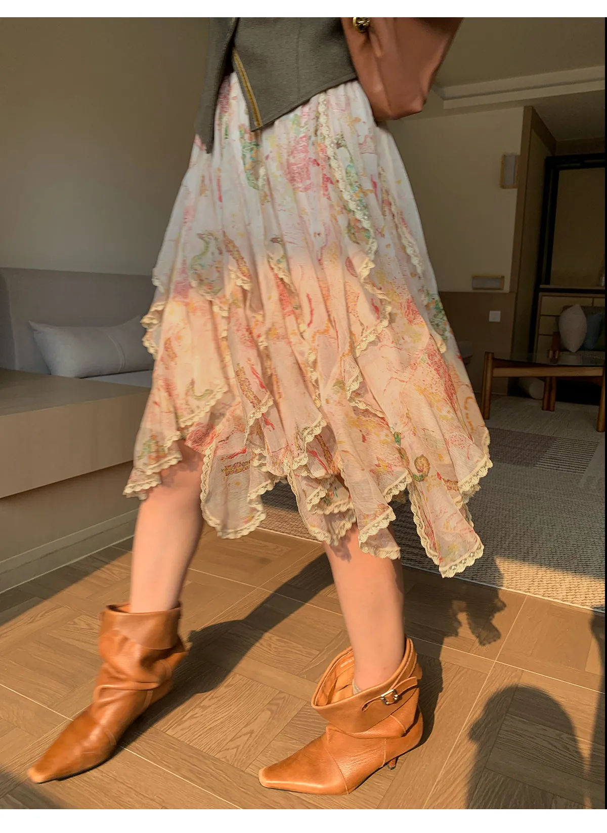 【MAR】Women Bohemian Layered Skirt Lace Trim Paisley Print Irregular Flowy Long Skirt