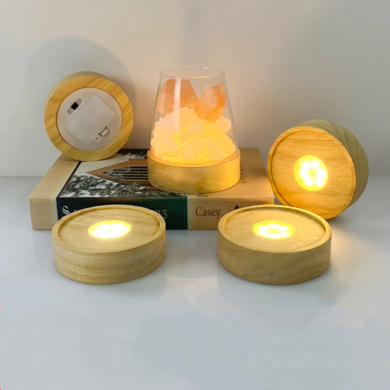 DIY Resin Night Lamp Accessories Supplies Wooden Display Stand with Led Lightings AAA Battery Operated 10cm Round Wood Base Led