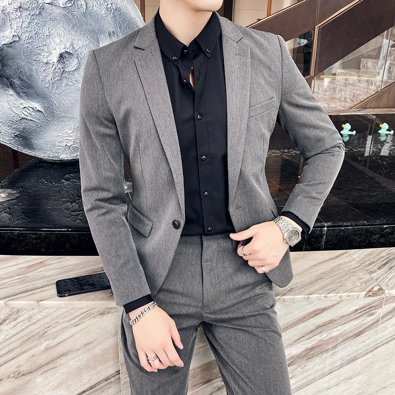 

[Jacket + Pants] Fashion boutique pure color Slim men's casual business three-piece suit groom wedding stage tuxedo Size S-7XL