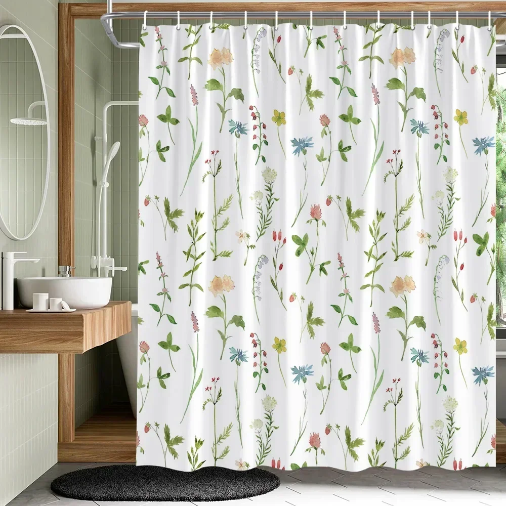 

Plant Leaves Flower Shower Curtains Set Garden Floral Drum Tower Fabric Bathroom Decor Splash Resistant Partition Bath Curtains
