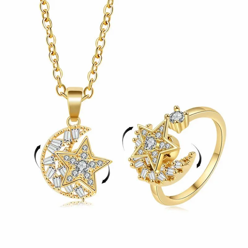 Sam Panda 925 Sterling Silver Zircon Stars Moon Ring Necklace For Women Relieve Stress Trend Aesthetic Jewelry Gift Dropshipping