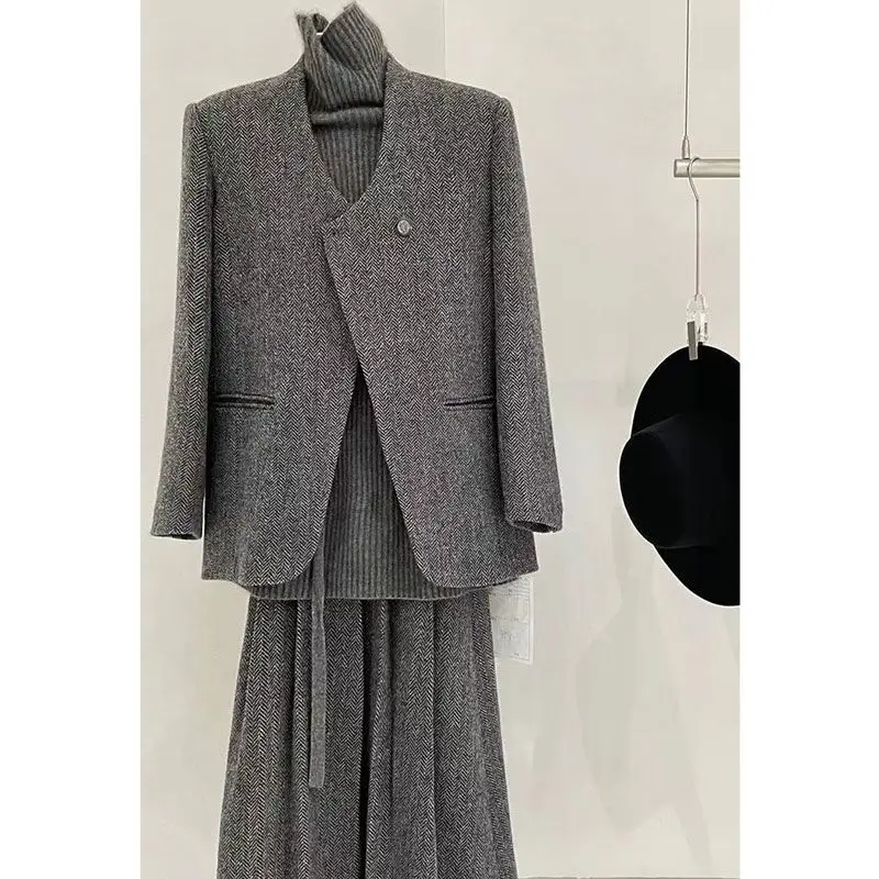 Alta qualidade feminino escritório cinza tweed terno casaco e meia saia outono recém chegados chique commute elegante conjunto de duas peças