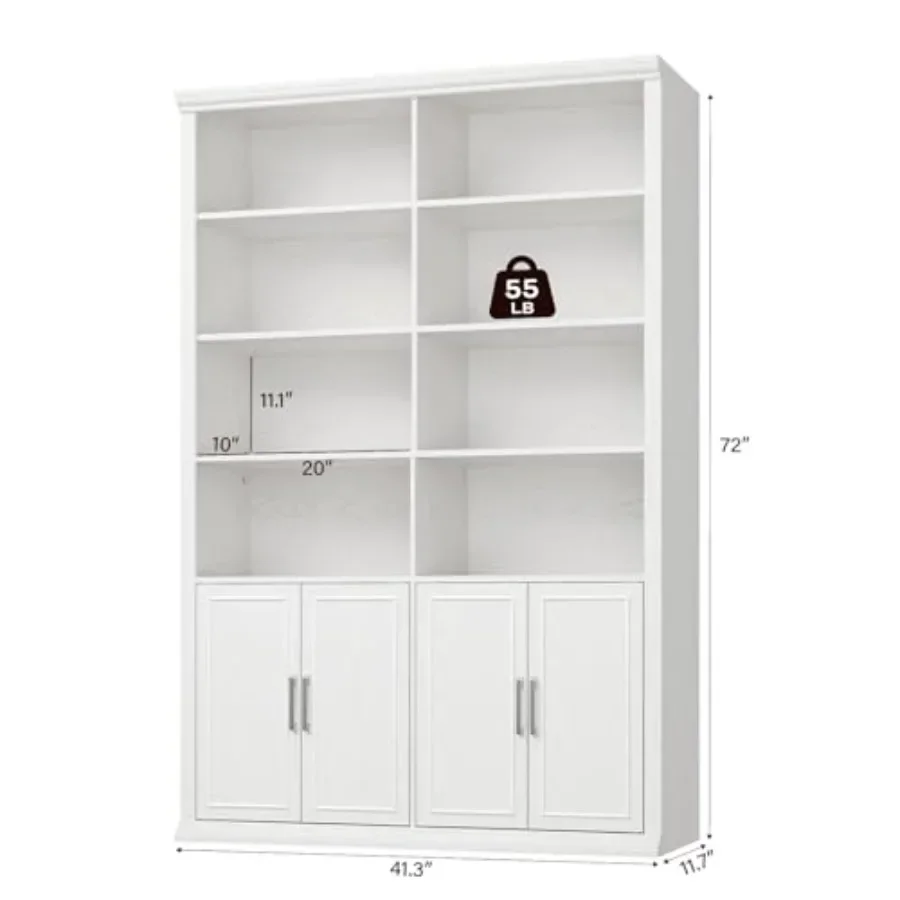 42 W Double Bookcase and Bookshelf with Doors for Living Room, Engineered Wood, White, Adjustable Shelves and Concealed Storage