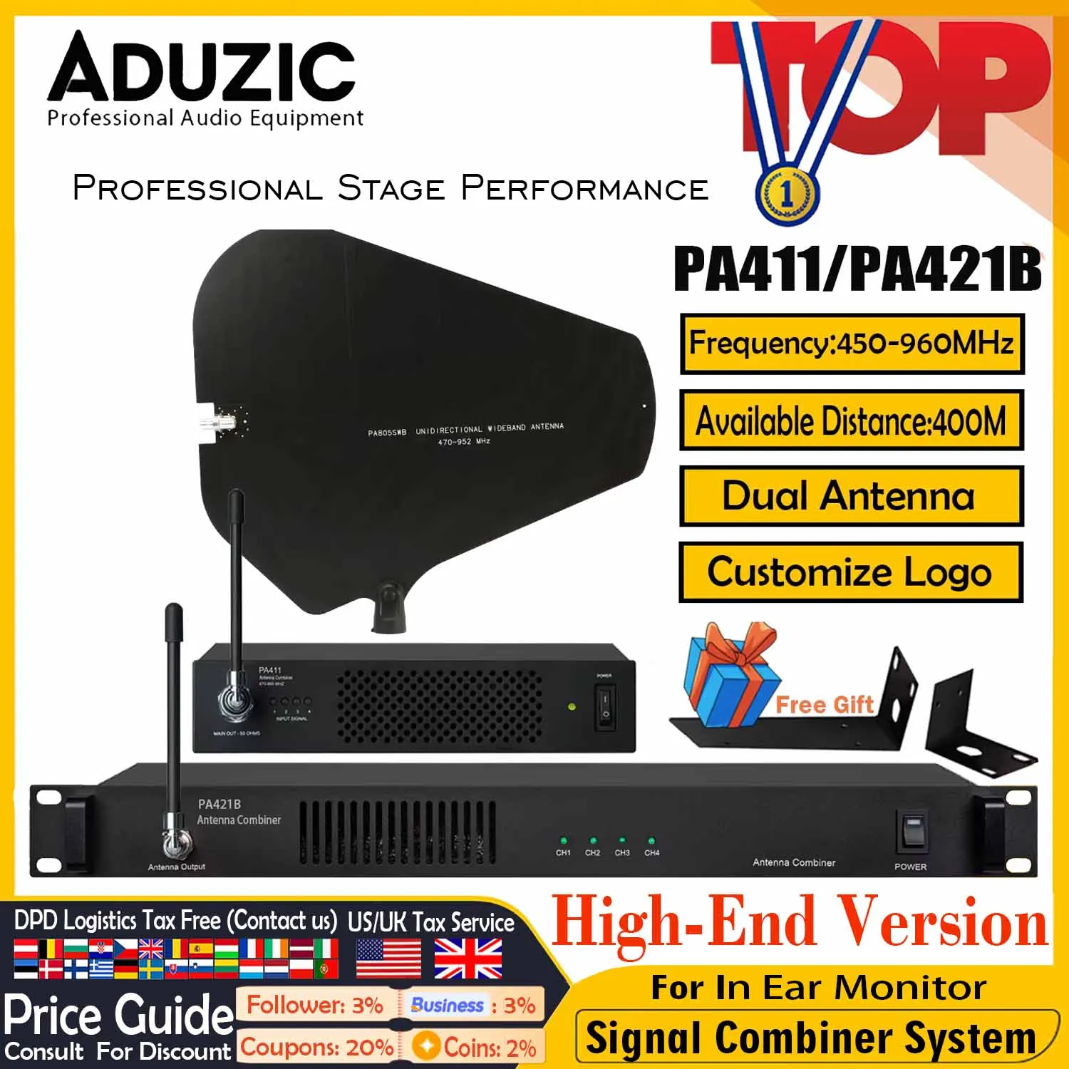 

Aduzic PA411 PA421B Antenna Distribution System For All In Ear Monitoring System PA805 Passive Antena IEM RF Signal Combiner